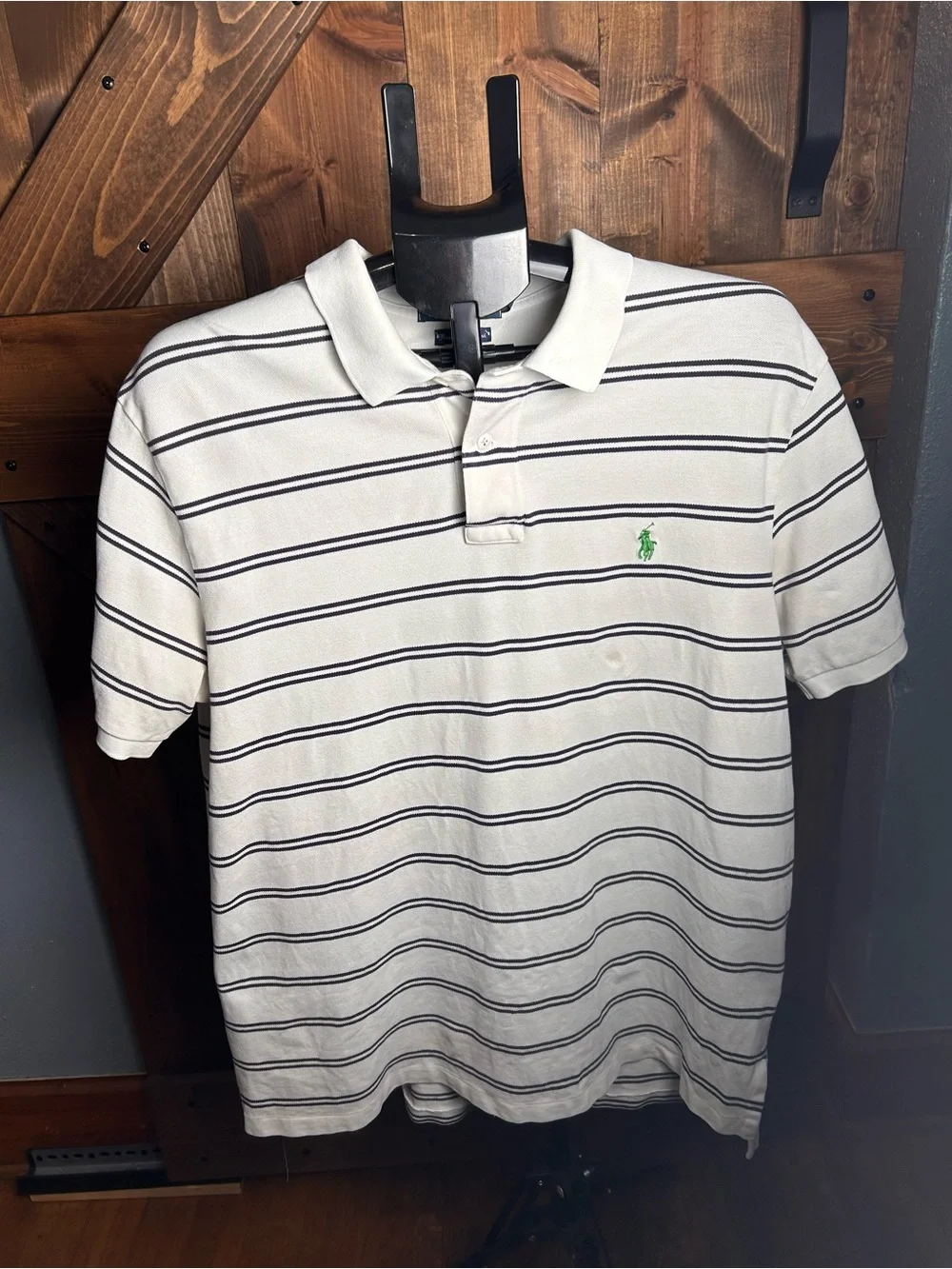 Polo by Ralph Lauren White Polo with Navy Stripes and Green Pony Logo